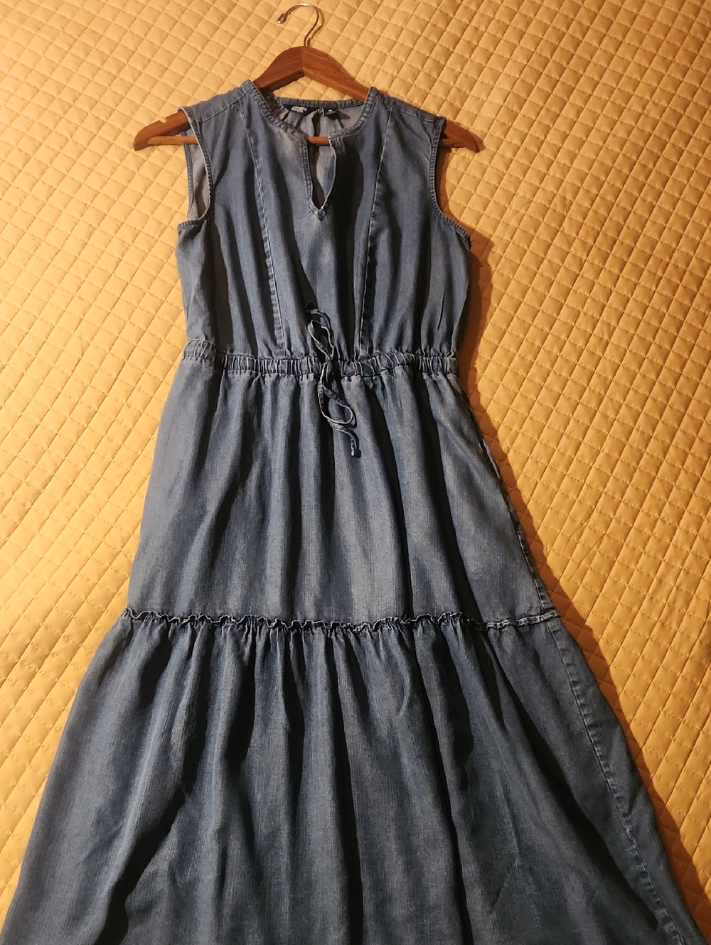Lands' End Sleeveless Chambray Drawstring Maxi Denim Dress